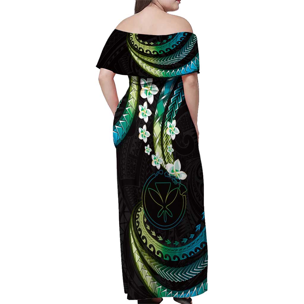 Hawaii Map Kanaka Maoli Family Matching Off Shoulder Maxi Dress and Hawaiian Shirt Fantastic Frangipani Chartreuse Cyan LT01 - Polynesian Pride