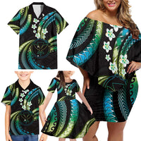 Hawaii Map Kanaka Maoli Family Matching Off Shoulder Short Dress and Hawaiian Shirt Fantastic Frangipani Chartreuse Cyan LT01 - Polynesian Pride
