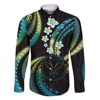 Hawaii Map Kanaka Maoli Family Matching Off Shoulder Short Dress and Hawaiian Shirt Fantastic Frangipani Chartreuse Cyan LT01 Dad's Shirt - Long Sleeve Cyan - Polynesian Pride