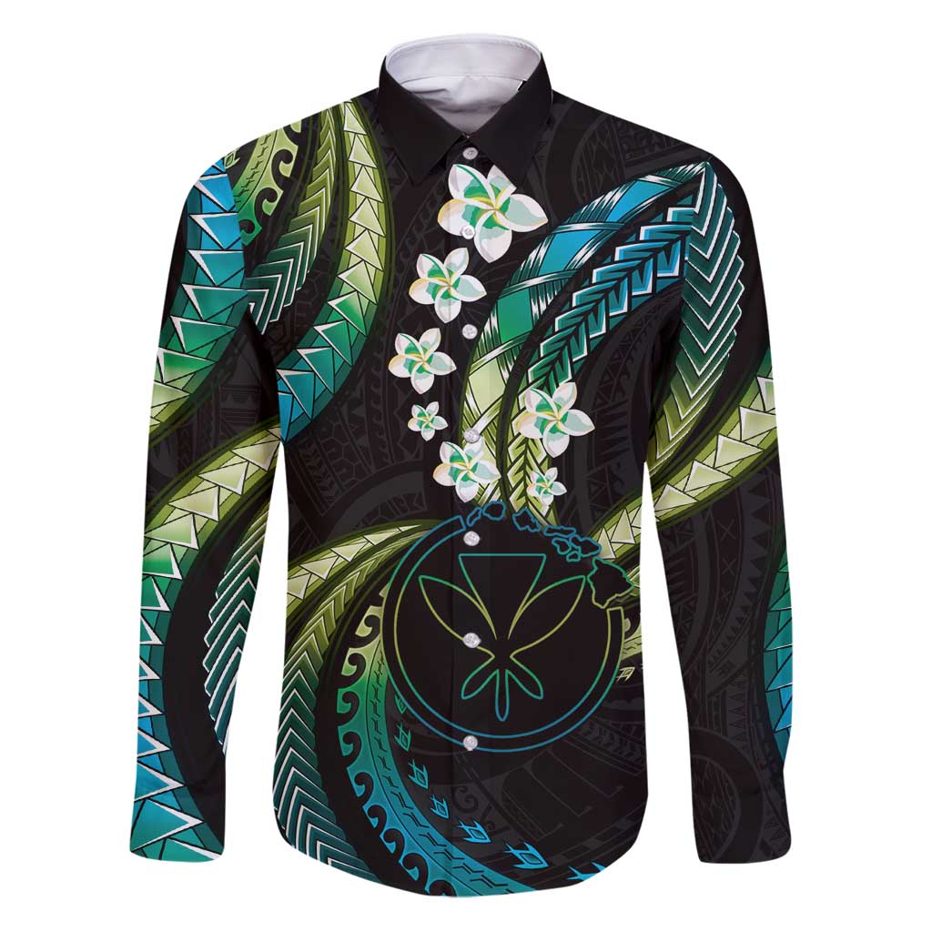 Hawaii Map Kanaka Maoli Family Matching Puletasi and Hawaiian Shirt Fantastic Frangipani Chartreuse Cyan LT01 Dad's Shirt - Long Sleeve Cyan - Polynesian Pride