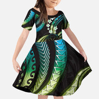 Hawaii Map Kanaka Maoli Family Matching Short Sleeve Bodycon Dress and Hawaiian Shirt Fantastic Frangipani Chartreuse Cyan LT01 Daughter's Dress Cyan - Polynesian Pride