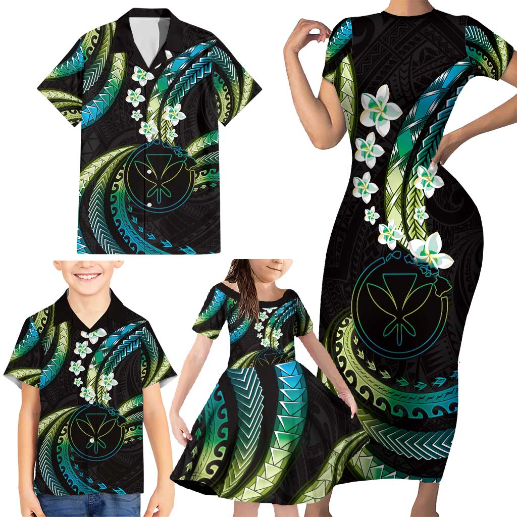 Hawaii Map Kanaka Maoli Family Matching Short Sleeve Bodycon Dress and Hawaiian Shirt Fantastic Frangipani Chartreuse Cyan LT01 - Polynesian Pride