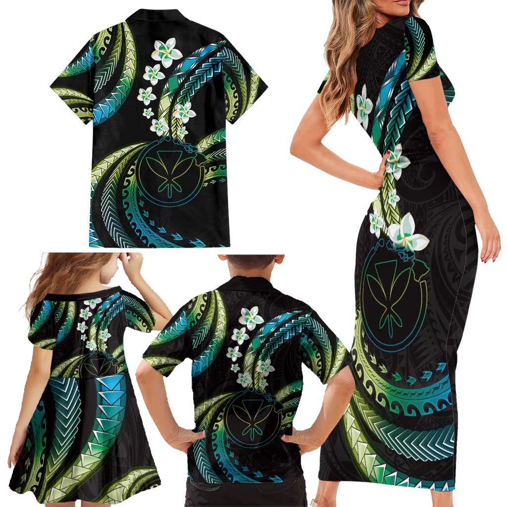 Hawaii Map Kanaka Maoli Family Matching Short Sleeve Bodycon Dress and Hawaiian Shirt Fantastic Frangipani Chartreuse Cyan LT01 - Polynesian Pride