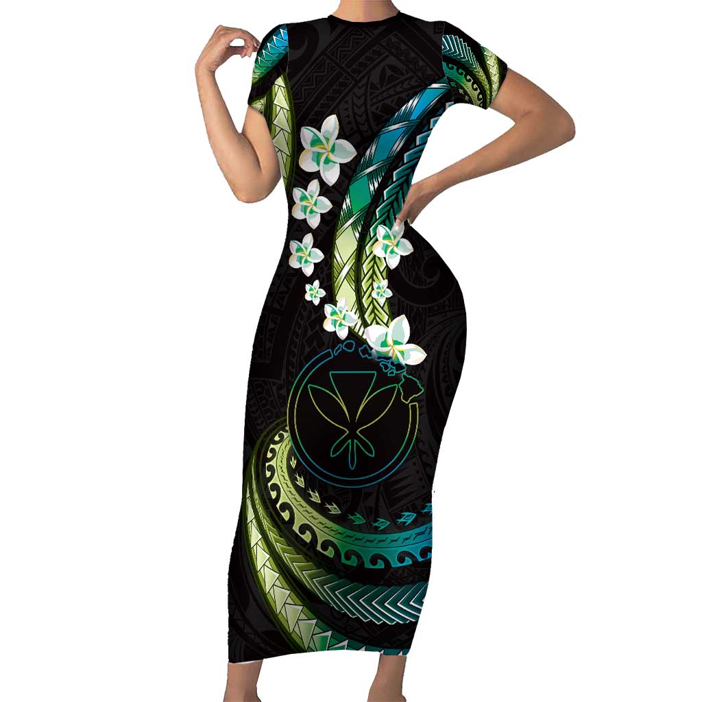 Hawaii Map Kanaka Maoli Family Matching Short Sleeve Bodycon Dress and Hawaiian Shirt Fantastic Frangipani Chartreuse Cyan LT01 Mom's Dress Cyan - Polynesian Pride