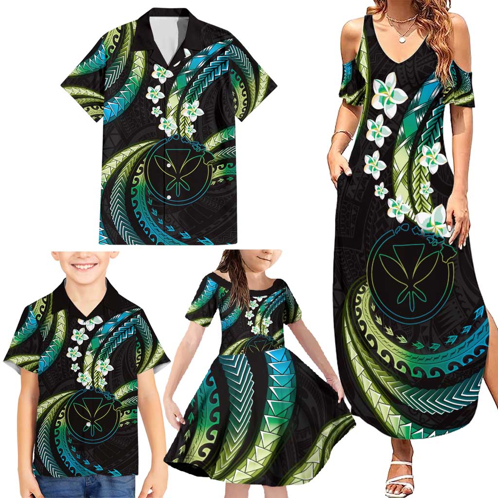 Hawaii Map Kanaka Maoli Family Matching Summer Maxi Dress and Hawaiian Shirt Fantastic Frangipani Chartreuse Cyan LT01 - Polynesian Pride