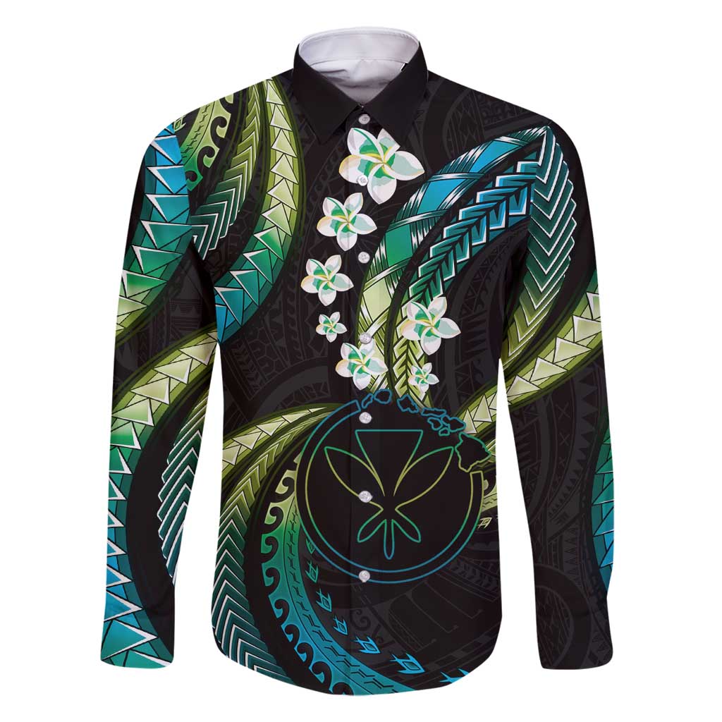 Hawaii Map Kanaka Maoli Family Matching Tank Maxi Dress and Hawaiian Shirt Fantastic Frangipani Chartreuse Cyan LT01 Dad's Shirt - Long Sleeve Cyan - Polynesian Pride