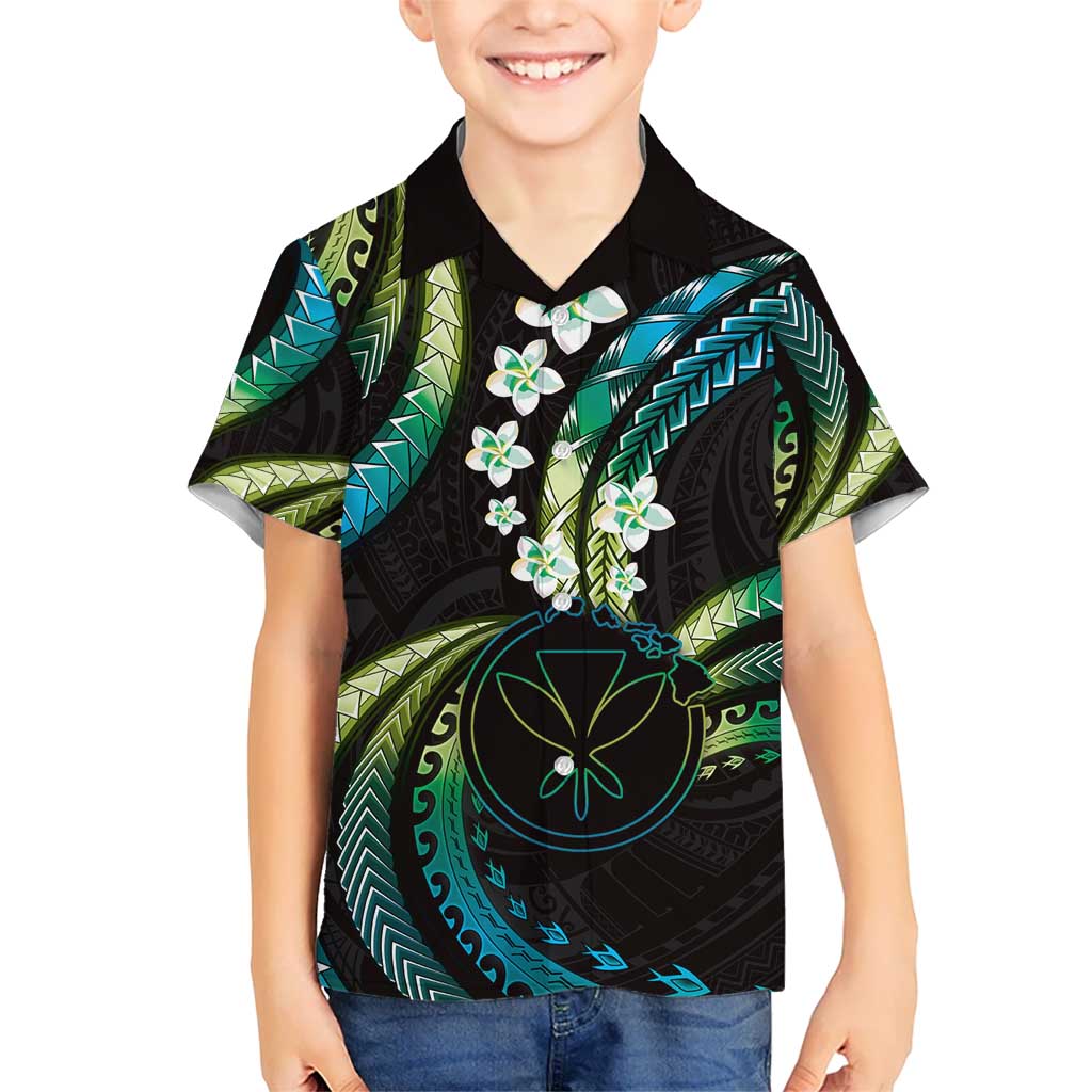 Hawaii Map Kanaka Maoli Kid Hawaiian Shirt Fantastic Frangipani Chartreuse Cyan