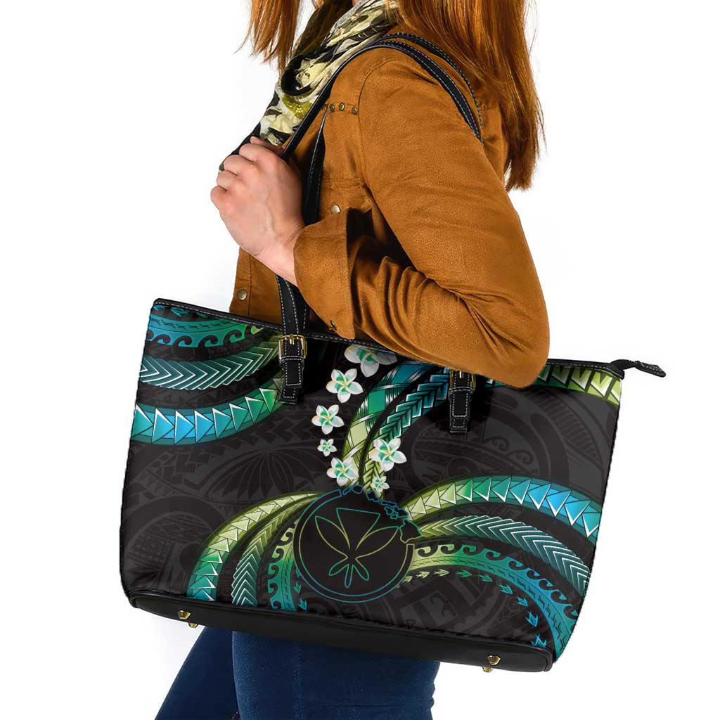 Hawaii Map Kanaka Maoli Leather Tote Bag Fantastic Frangipani Chartreuse Cyan