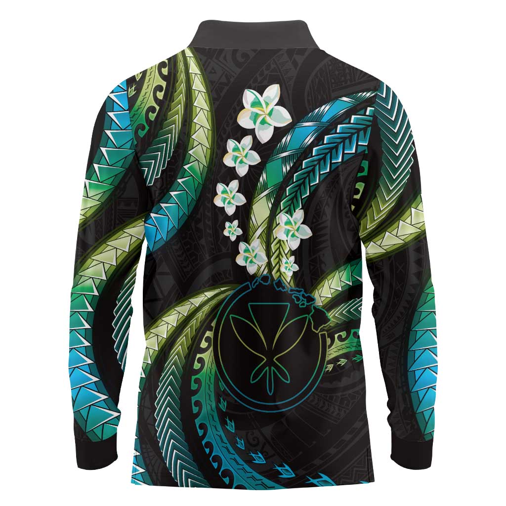 Hawaii Map Kanaka Maoli Long Sleeve Polo Shirt Fantastic Frangipani Chartreuse Cyan