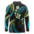 Hawaii Map Kanaka Maoli Long Sleeve Polo Shirt Fantastic Frangipani Chartreuse Cyan