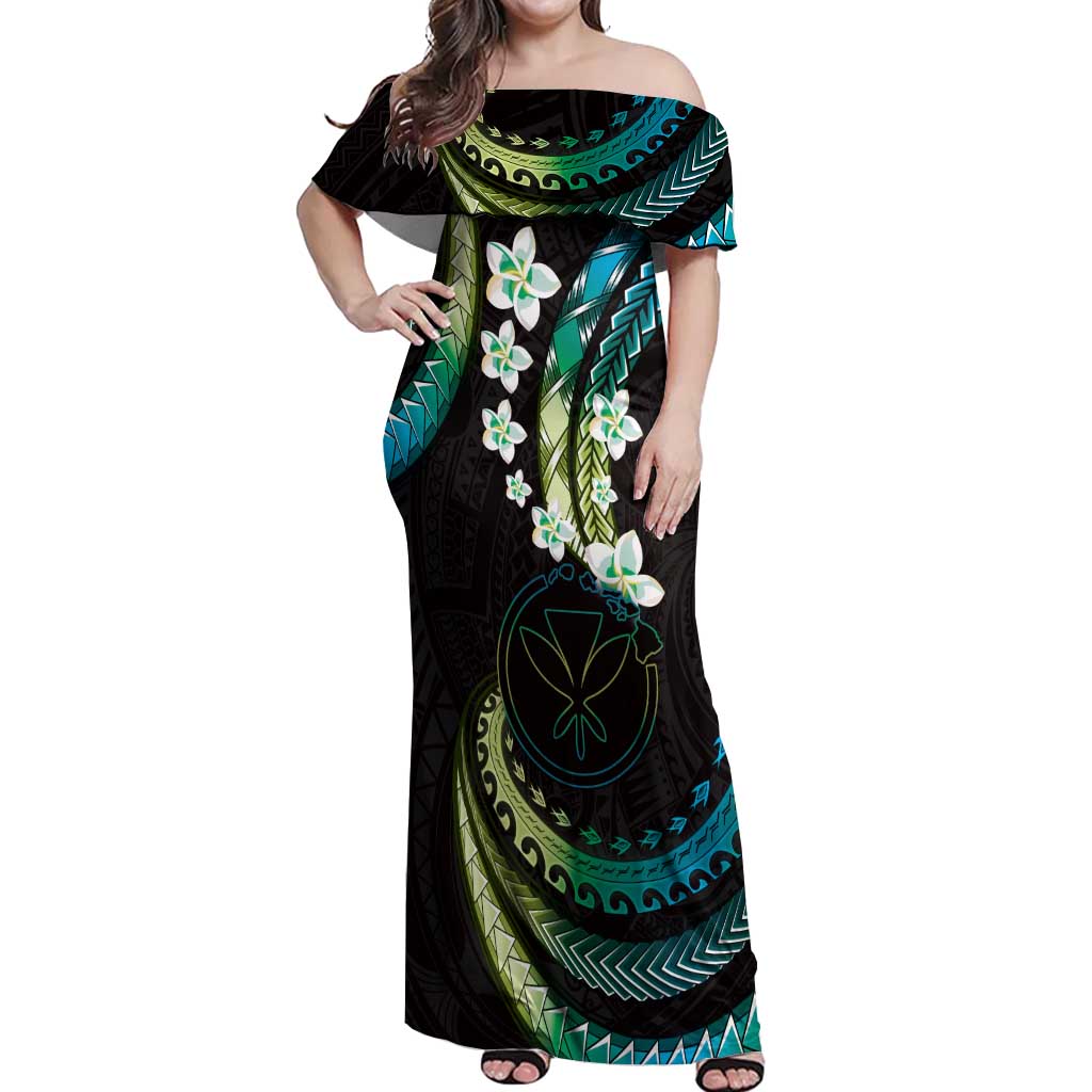 Hawaii Map Kanaka Maoli Off Shoulder Maxi Dress Fantastic Frangipani Chartreuse Cyan