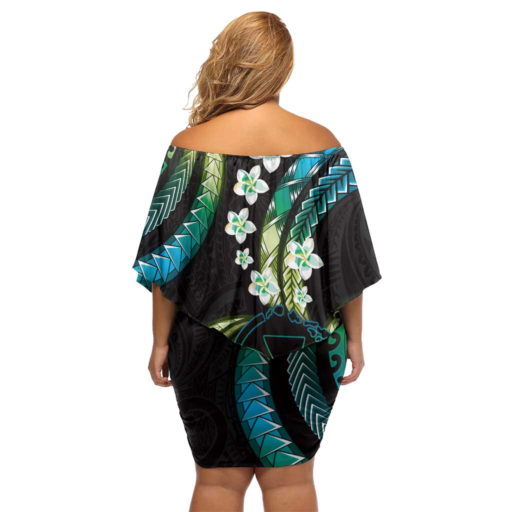 Hawaii Map Kanaka Maoli Off Shoulder Short Dress Fantastic Frangipani Chartreuse Cyan