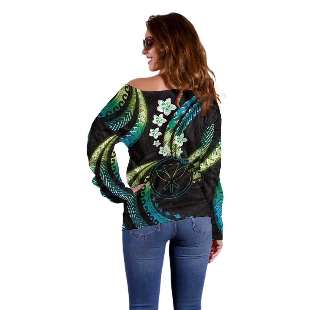 Hawaii Map Kanaka Maoli Off Shoulder Sweater Fantastic Frangipani Chartreuse Cyan