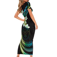Hawaii Map Kanaka Maoli Short Sleeve Bodycon Dress Fantastic Frangipani Chartreuse Cyan