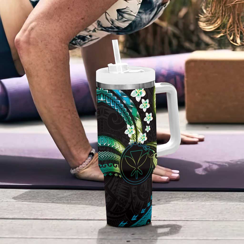 Hawaii Map Kanaka Maoli Tumbler With Handle Fantastic Frangipani Chartreuse Cyan