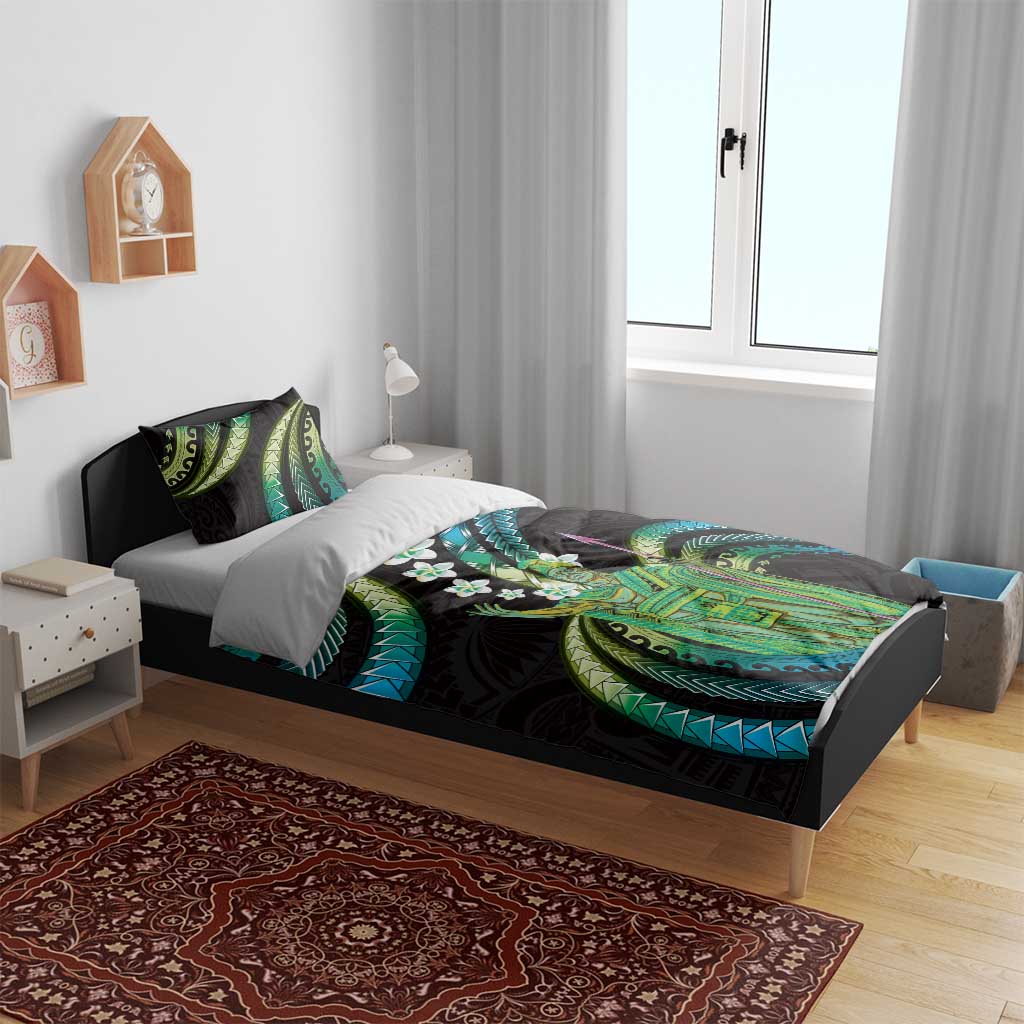 Hawaii King Kamehameha Bedding Set Fantastic Plumeria Chartreuse Cyan