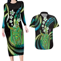 Hawaii King Kamehameha Couples Matching Long Sleeve Bodycon Dress and Hawaiian Shirt Fantastic Plumeria Chartreuse Cyan LT01 Cyan - Polynesian Pride