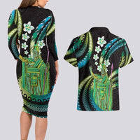 Hawaii King Kamehameha Couples Matching Long Sleeve Bodycon Dress and Hawaiian Shirt Fantastic Plumeria Chartreuse Cyan LT01 - Polynesian Pride