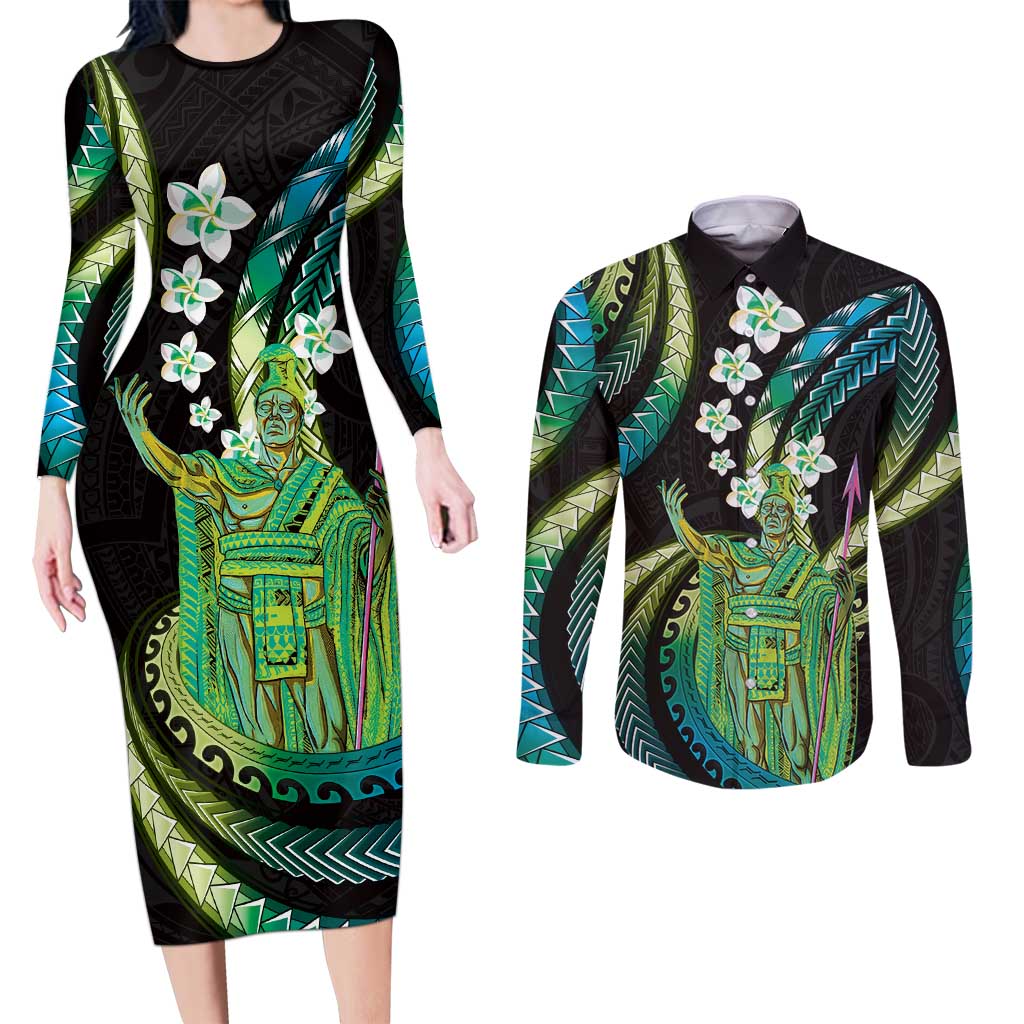 Hawaii King Kamehameha Couples Matching Long Sleeve Bodycon Dress and Long Sleeve Button Shirt Fantastic Plumeria Chartreuse Cyan LT01 Cyan - Polynesian Pride