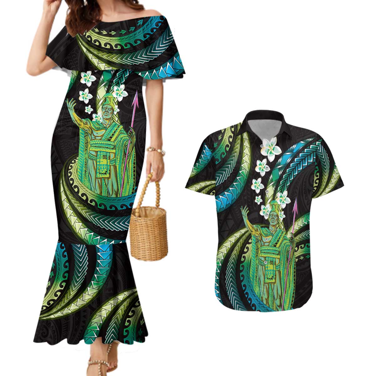 Hawaii King Kamehameha Couples Matching Mermaid Dress and Hawaiian Shirt Fantastic Plumeria Chartreuse Cyan LT01 Cyan - Polynesian Pride