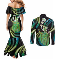 Hawaii King Kamehameha Couples Matching Mermaid Dress and Long Sleeve Button Shirt Fantastic Plumeria Chartreuse Cyan LT01 - Polynesian Pride
