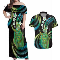Hawaii King Kamehameha Couples Matching Off Shoulder Maxi Dress and Hawaiian Shirt Fantastic Plumeria Chartreuse Cyan LT01 Cyan - Polynesian Pride