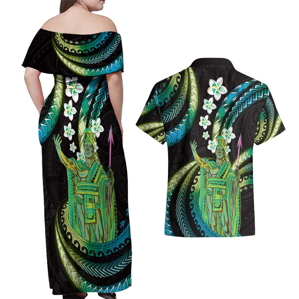 Hawaii King Kamehameha Couples Matching Off Shoulder Maxi Dress and Hawaiian Shirt Fantastic Plumeria Chartreuse Cyan LT01 - Polynesian Pride