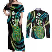 Hawaii King Kamehameha Couples Matching Off Shoulder Maxi Dress and Long Sleeve Button Shirt Fantastic Plumeria Chartreuse Cyan