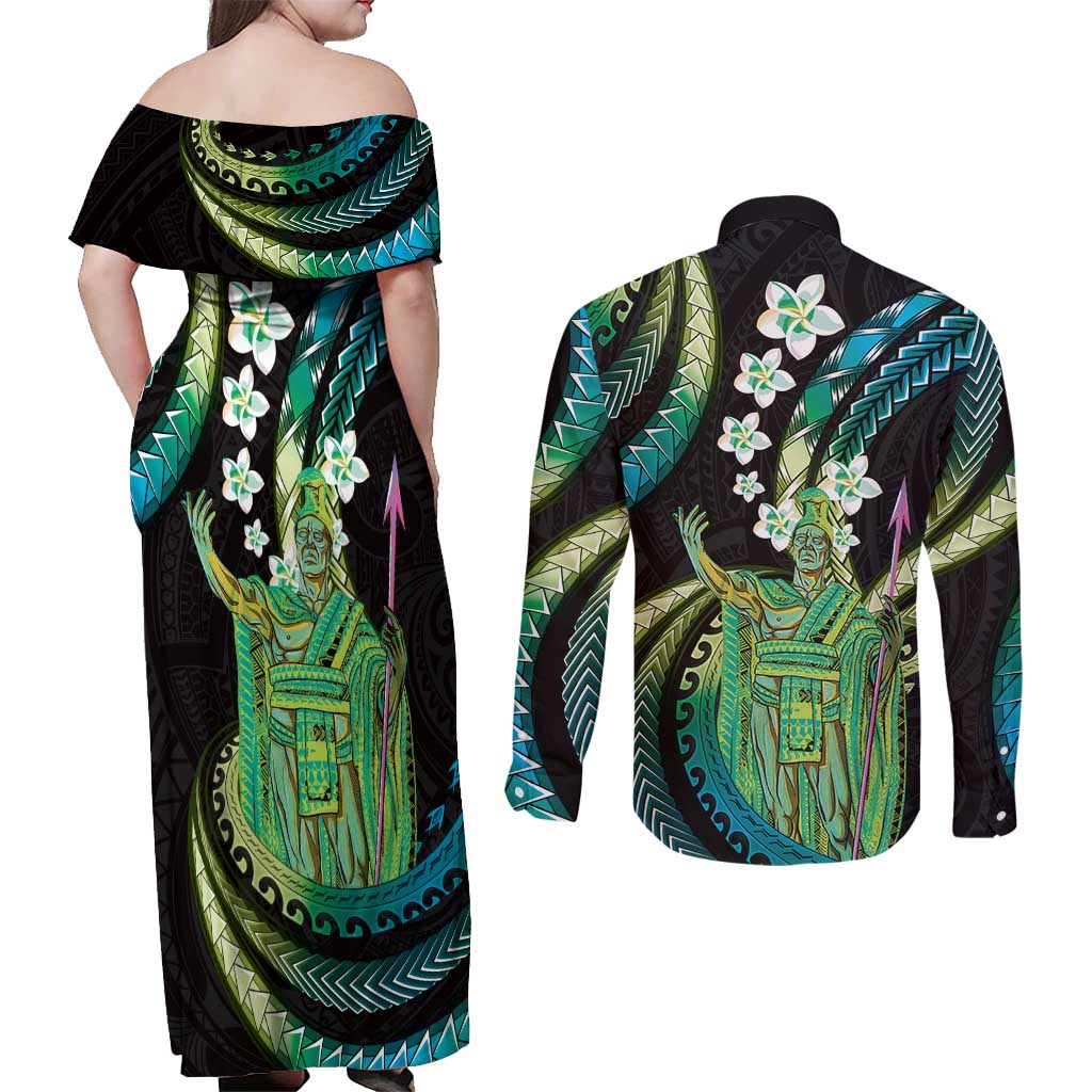 Hawaii King Kamehameha Couples Matching Off Shoulder Maxi Dress and Long Sleeve Button Shirt Fantastic Plumeria Chartreuse Cyan