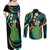 Hawaii King Kamehameha Couples Matching Off Shoulder Maxi Dress and Long Sleeve Button Shirt Fantastic Plumeria Chartreuse Cyan