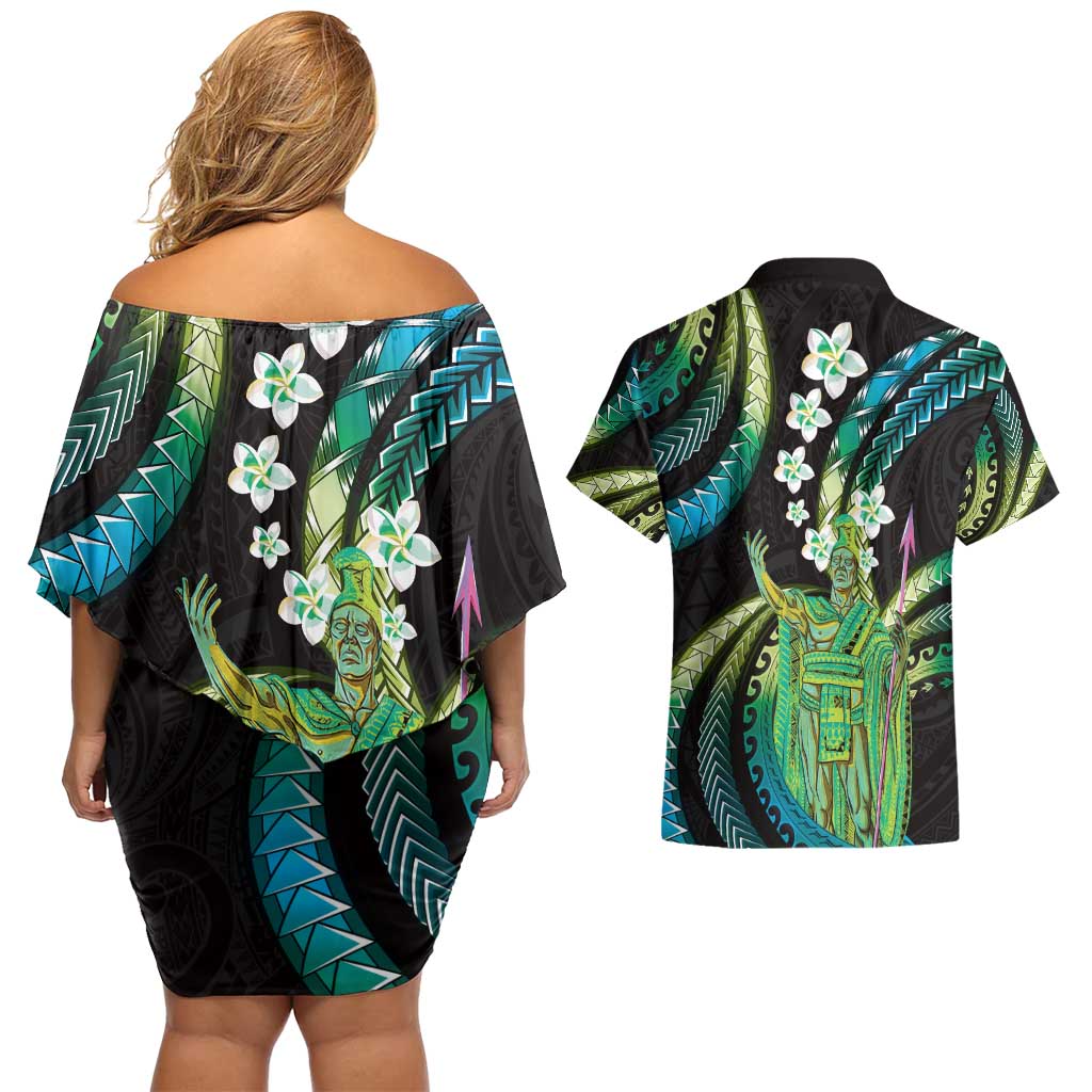 Hawaii King Kamehameha Couples Matching Off Shoulder Short Dress and Hawaiian Shirt Fantastic Plumeria Chartreuse Cyan LT01 - Polynesian Pride