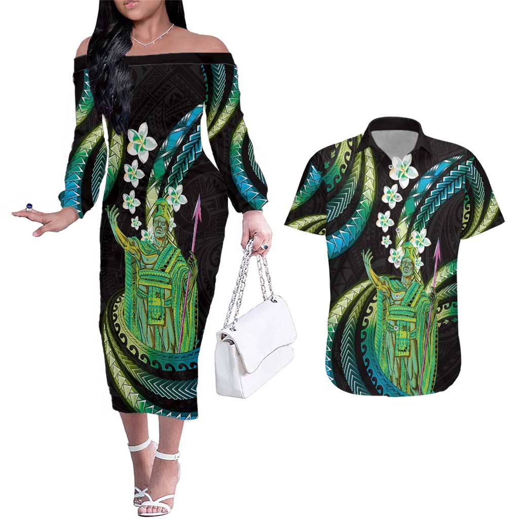 Hawaii King Kamehameha Couples Matching Off The Shoulder Long Sleeve Dress and Hawaiian Shirt Fantastic Plumeria Chartreuse Cyan LT01 Cyan - Polynesian Pride