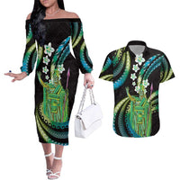 Hawaii King Kamehameha Couples Matching Off The Shoulder Long Sleeve Dress and Hawaiian Shirt Fantastic Plumeria Chartreuse Cyan LT01 Cyan - Polynesian Pride