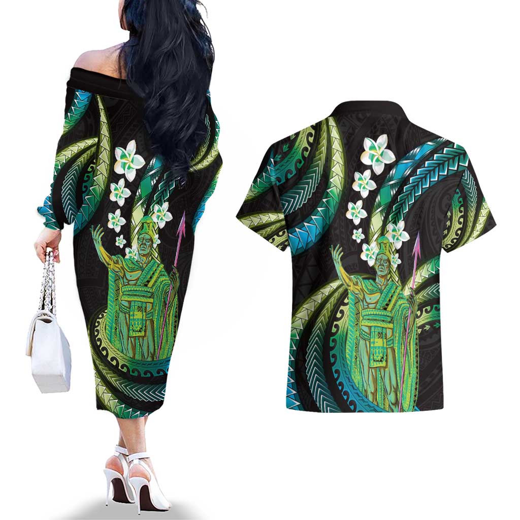 Hawaii King Kamehameha Couples Matching Off The Shoulder Long Sleeve Dress and Hawaiian Shirt Fantastic Plumeria Chartreuse Cyan LT01 - Polynesian Pride