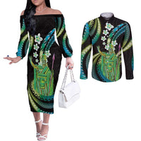 Hawaii King Kamehameha Couples Matching Off The Shoulder Long Sleeve Dress and Long Sleeve Button Shirt Fantastic Plumeria Chartreuse Cyan LT01 Cyan - Polynesian Pride