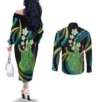 Hawaii King Kamehameha Couples Matching Off The Shoulder Long Sleeve Dress and Long Sleeve Button Shirt Fantastic Plumeria Chartreuse Cyan LT01 - Polynesian Pride