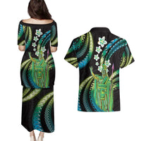 Hawaii King Kamehameha Couples Matching Puletasi and Hawaiian Shirt Fantastic Plumeria Chartreuse Cyan