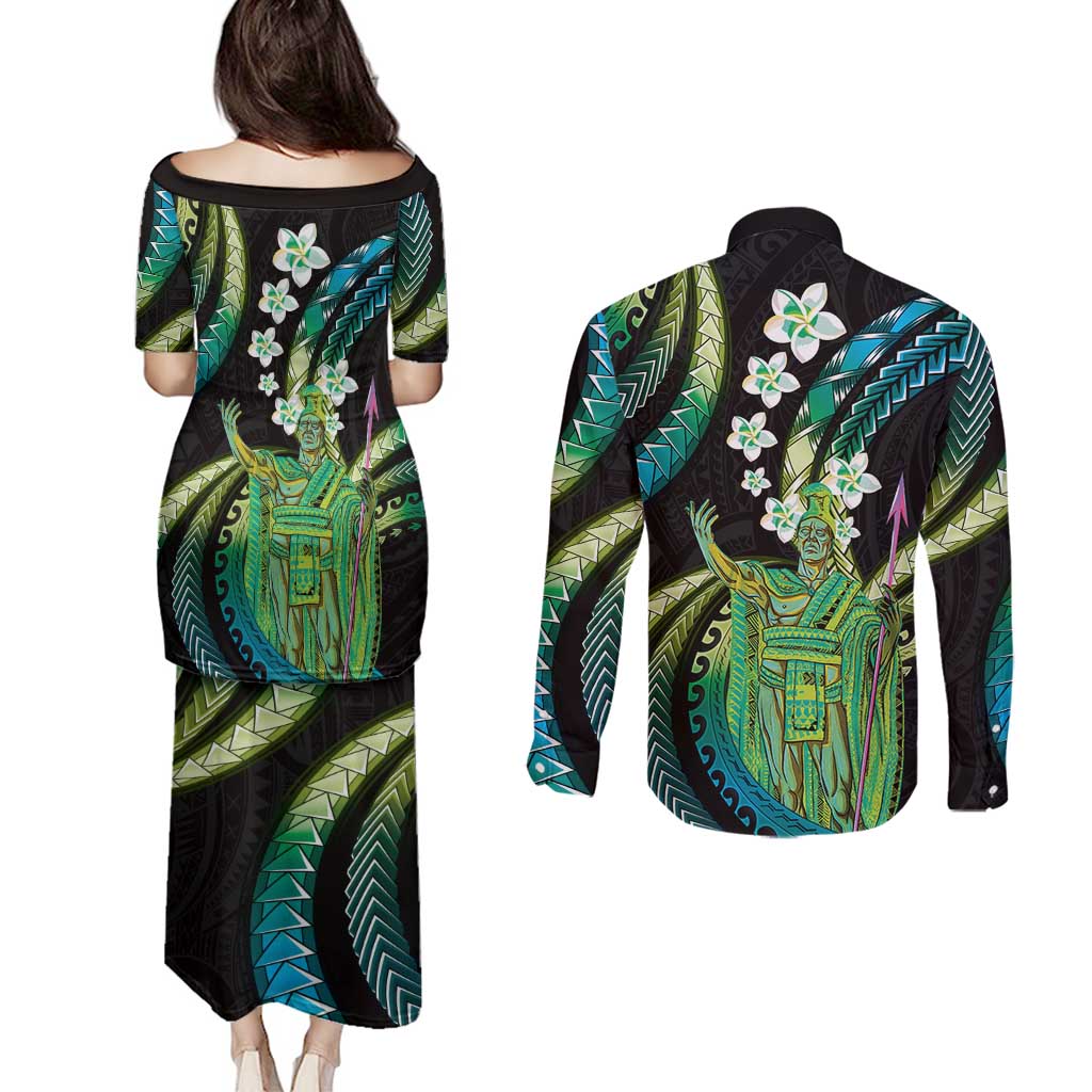 Hawaii King Kamehameha Couples Matching Puletasi and Long Sleeve Button Shirt Fantastic Plumeria Chartreuse Cyan