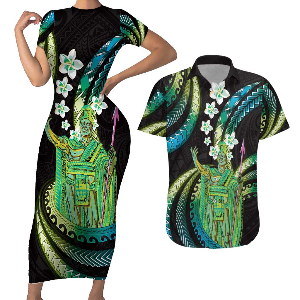 Hawaii King Kamehameha Couples Matching Short Sleeve Bodycon Dress and Hawaiian Shirt Fantastic Plumeria Chartreuse Cyan LT01 Cyan - Polynesian Pride