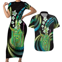 Hawaii King Kamehameha Couples Matching Short Sleeve Bodycon Dress and Hawaiian Shirt Fantastic Plumeria Chartreuse Cyan LT01 Cyan - Polynesian Pride