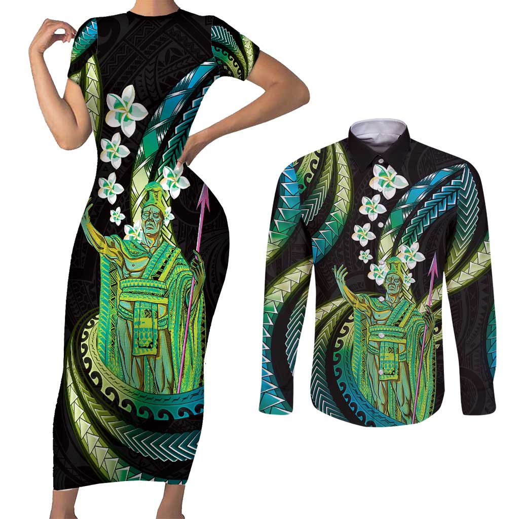 Hawaii King Kamehameha Couples Matching Short Sleeve Bodycon Dress and Long Sleeve Button Shirt Fantastic Plumeria Chartreuse Cyan