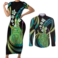 Hawaii King Kamehameha Couples Matching Short Sleeve Bodycon Dress and Long Sleeve Button Shirt Fantastic Plumeria Chartreuse Cyan LT01 Cyan - Polynesian Pride
