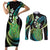 Hawaii King Kamehameha Couples Matching Short Sleeve Bodycon Dress and Long Sleeve Button Shirt Fantastic Plumeria Chartreuse Cyan