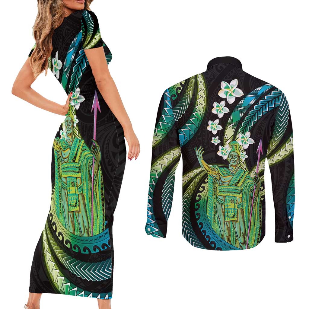 Hawaii King Kamehameha Couples Matching Short Sleeve Bodycon Dress and Long Sleeve Button Shirt Fantastic Plumeria Chartreuse Cyan LT01 - Polynesian Pride