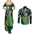 Hawaii King Kamehameha Couples Matching Summer Maxi Dress and Long Sleeve Button Shirt Fantastic Plumeria Chartreuse Cyan
