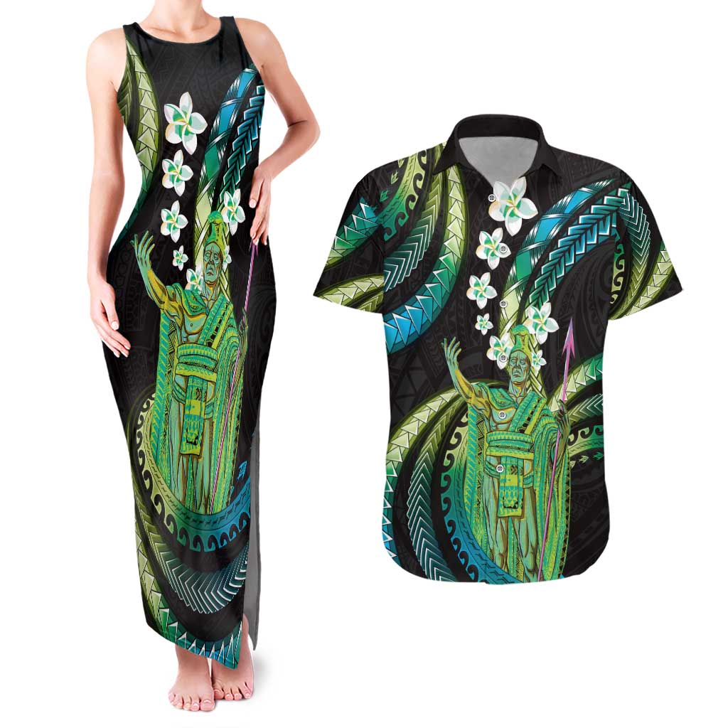 Hawaii King Kamehameha Couples Matching Tank Maxi Dress and Hawaiian Shirt Fantastic Plumeria Chartreuse Cyan LT01 Cyan - Polynesian Pride