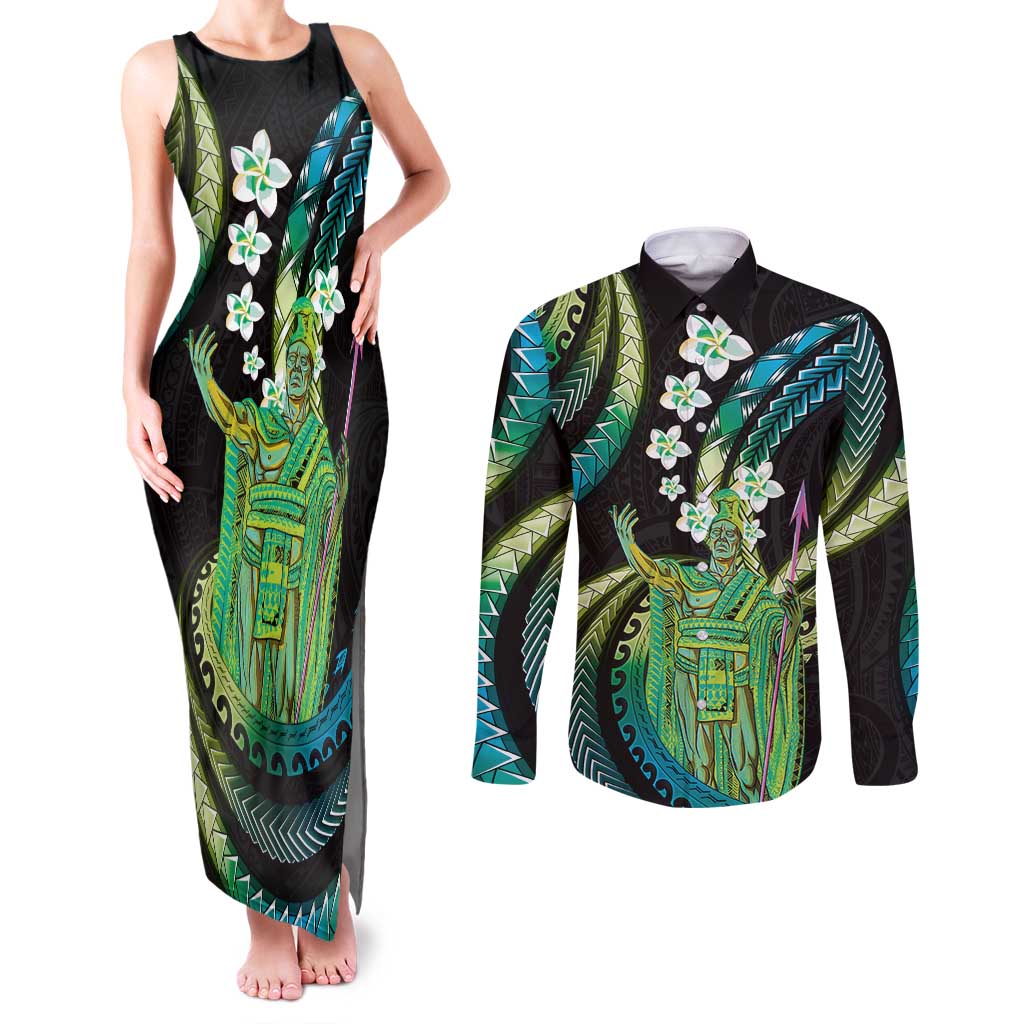 Hawaii King Kamehameha Couples Matching Tank Maxi Dress and Long Sleeve Button Shirt Fantastic Plumeria Chartreuse Cyan