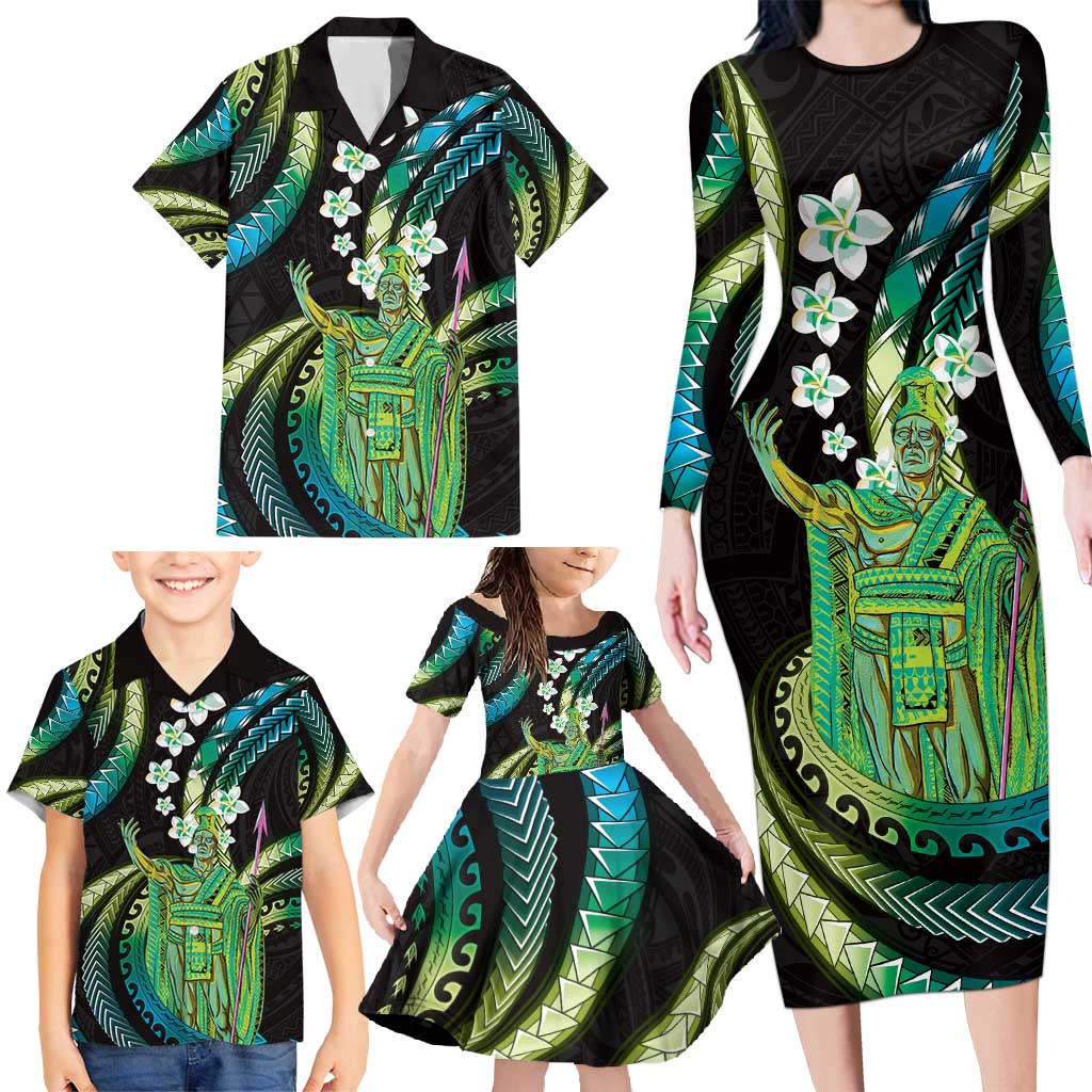 Hawaii King Kamehameha Family Matching Long Sleeve Bodycon Dress and Hawaiian Shirt Fantastic Plumeria Chartreuse Cyan LT01 - Polynesian Pride