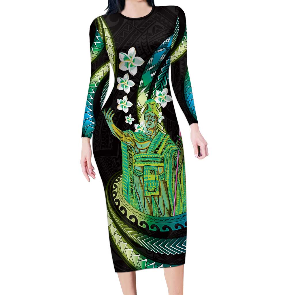Hawaii King Kamehameha Family Matching Long Sleeve Bodycon Dress and Hawaiian Shirt Fantastic Plumeria Chartreuse Cyan LT01 Mom's Dress Cyan - Polynesian Pride