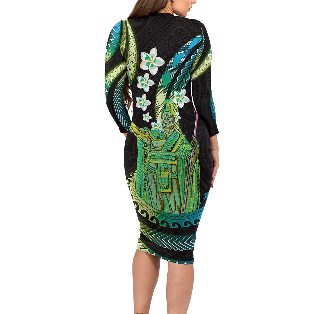 Hawaii King Kamehameha Family Matching Long Sleeve Bodycon Dress and Hawaiian Shirt Fantastic Plumeria Chartreuse Cyan LT01 - Polynesian Pride